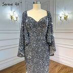 Grey Sliver Luxury Evening Dresses Gowns 2025 Elegant Sexy Flared Sleeves For Woman Party LA71178
