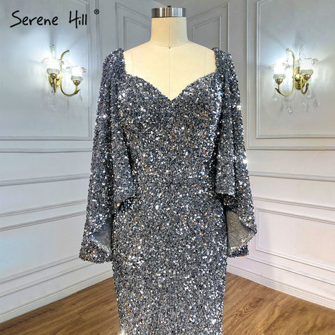 Grey Sliver Luxury Evening Dresses Gowns 2025 Elegant Sexy Flared Sleeves For Woman Party LA71178