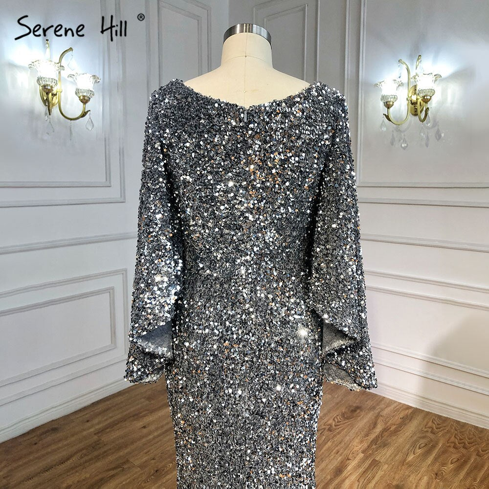 Grey Sliver Luxury Evening Dresses Gowns 2025 Elegant Sexy Flared Sleeves For Woman Party LA71178