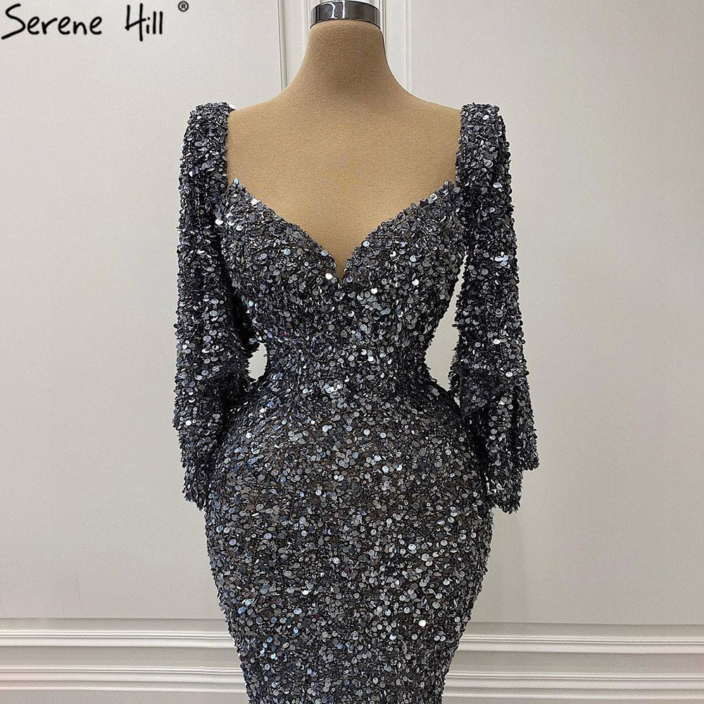 Grey Sliver Luxury Evening Dresses Gowns 2025 Elegant Sexy Flared Sleeves For Woman Party LA71178