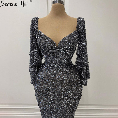 Grey Sliver Luxury Evening Dresses Gowns 2025 Elegant Sexy Flared Sleeves For Woman Party LA71178