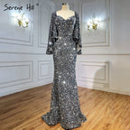 Grey Sliver Luxury Evening Dresses Gowns 2025 Elegant Sexy Flared Sleeves For Woman Party LA71178