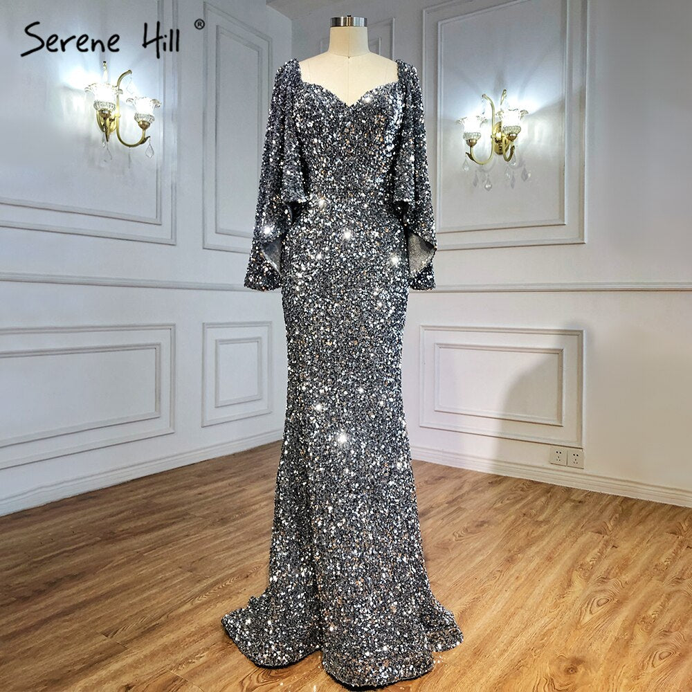 Grey Sliver Luxury Evening Dresses Gowns 2025 Elegant Sexy Flared Sleeves For Woman Party LA71178
