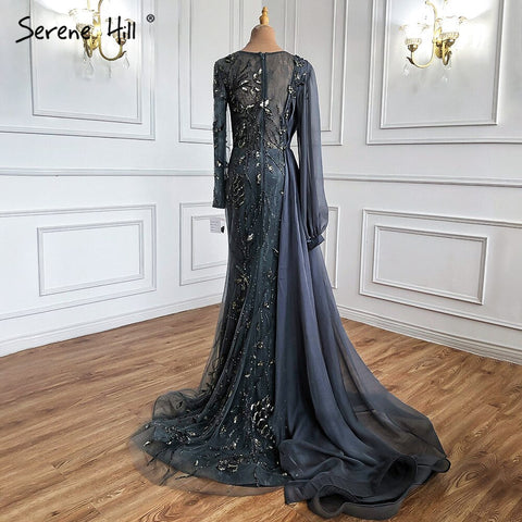Grey With Overskirt Mermaid Evening Gowns Dresses Luxury Beaded Elegant  For Woman Party LA71066