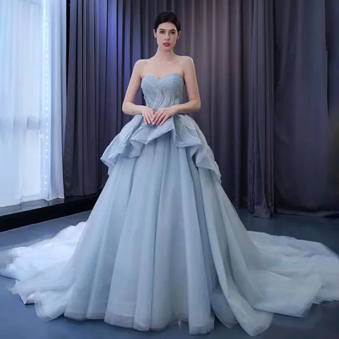 High End Custom Made Gray Blue Strapless Lace Up Beaded Luxury Ball Gown Bride Gowns Wedding Dress HM231064