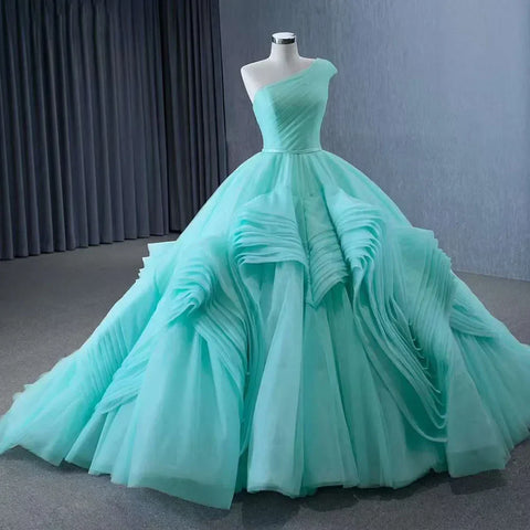 High End Custom Made Light Green One Shoulder Lace Up Beaded Luxury Ball Gown Bride Gowns Wedding Dress HM231120