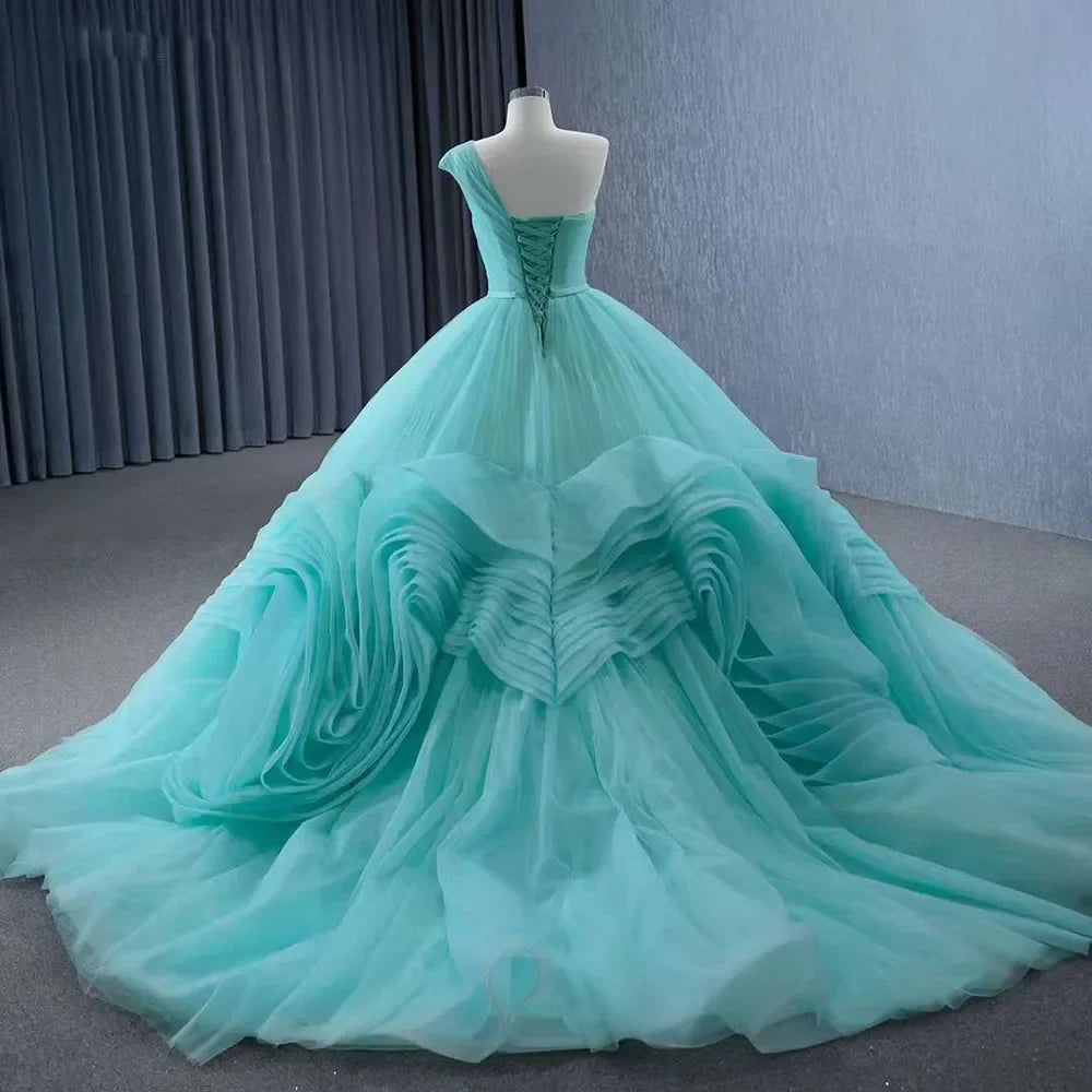 High End Custom Made Light Green One Shoulder Lace Up Beaded Luxury Ball Gown Bride Gowns Wedding Dress HM231120