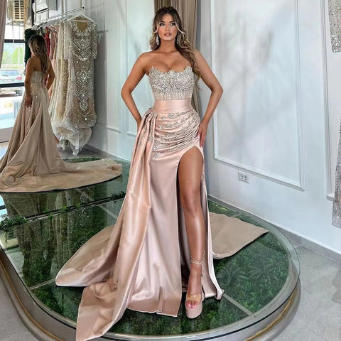 High Split With Skirt Mermaid Nude Sexy Strapless CRYSTAL Beaded Evening Dresses Gowns For Women Party 2025 LA72135