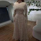 Hijab Muslim Nude A Line Long Cape Hijab Luxury Dubai Evening Dresses Gowns 2025 For Women Wedding Party LA72032B