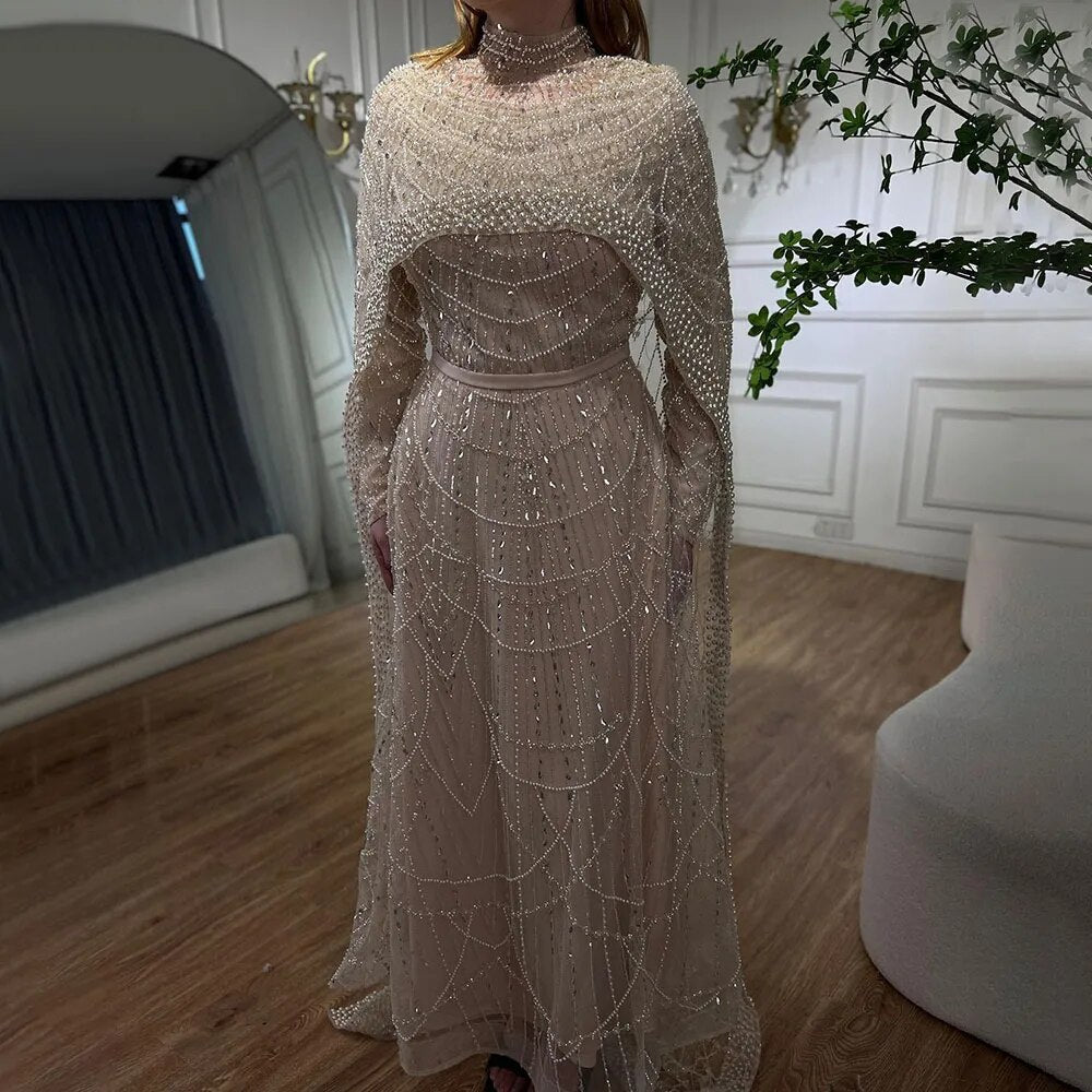Hijab Muslim Nude A Line Long Cape Hijab Luxury Dubai Evening Dresses Gowns 2025 For Women Wedding Party LA72032B