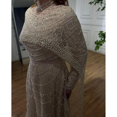 Hijab Muslim Nude A Line Long Cape Hijab Luxury Dubai Evening Dresses Gowns 2025 For Women Wedding Party LA72032B