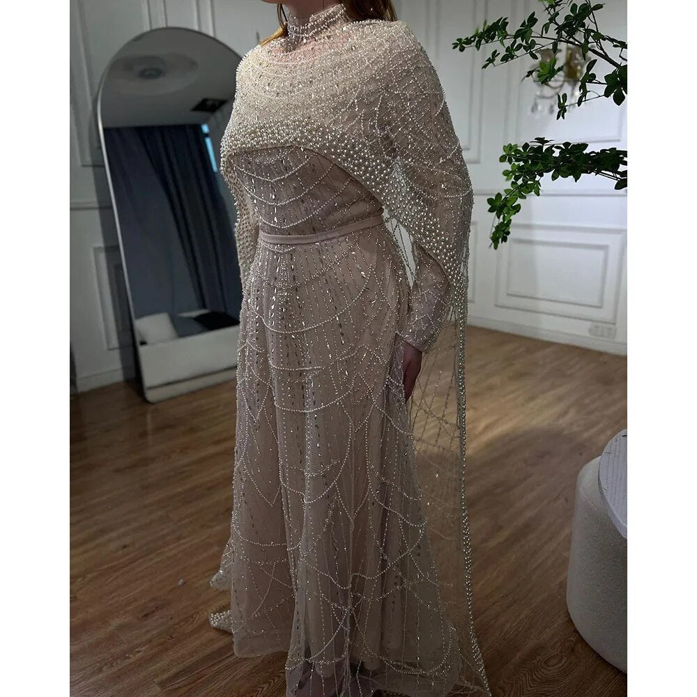 Hijab Muslim Nude A Line Long Cape Hijab Luxury Dubai Evening Dresses Gowns 2025 For Women Wedding Party LA72032B