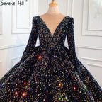 Indigo Blue Gold Luxury Wedding Dresses 2025 Sequined Long Sleeves Bride Dress Plus Size Women HA2466 Custom Made