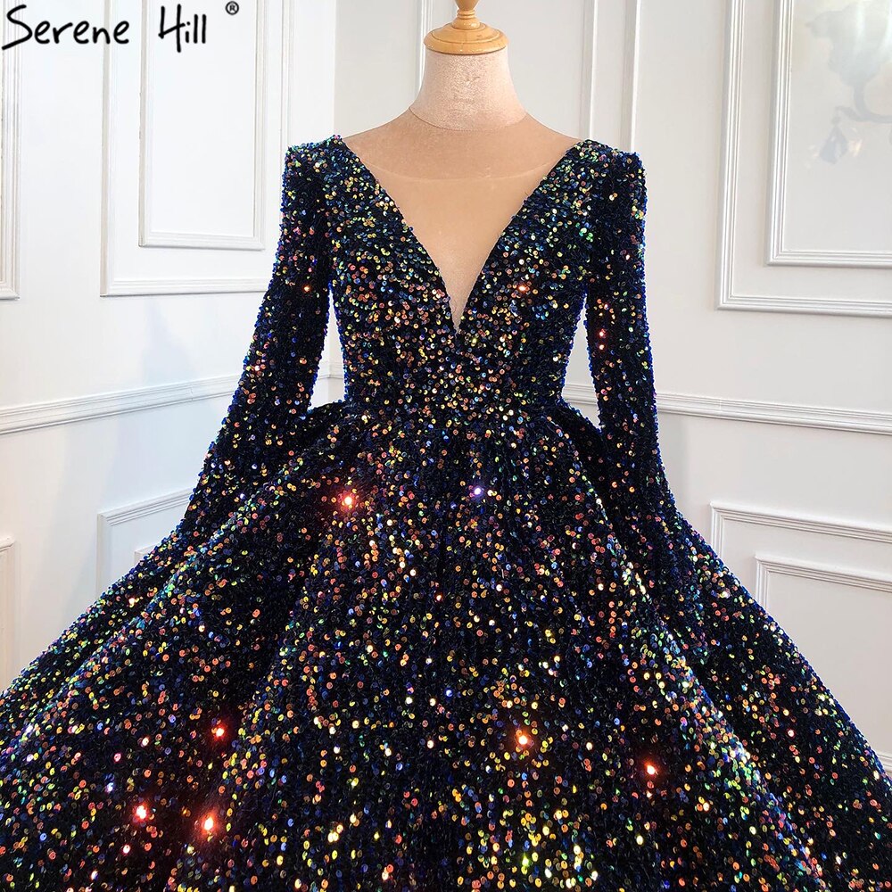 Indigo Blue Gold Luxury Wedding Dresses 2025 Sequined Long Sleeves Bride Dress Plus Size Women HA2466 Custom Made
