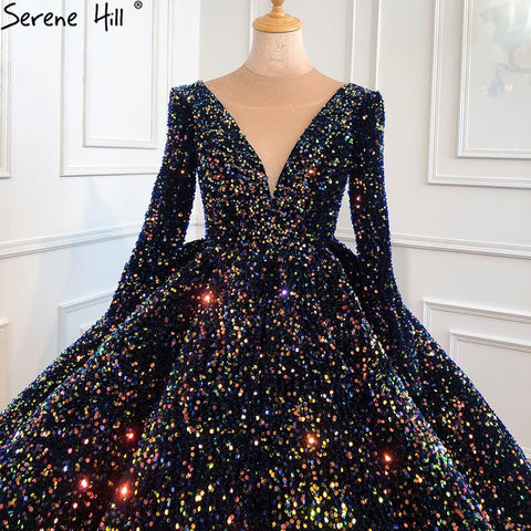 Indigo Blue Gold Luxury Wedding Dresses 2025 Sequined Long Sleeves Bride Dress Plus Size Women HA2466 Custom Made