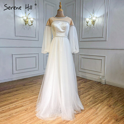 Ivory A-Line Sexy Evening Dresses Gowns 2025 Beaded Pearl Lantern Sleeve For Women Party LA71190