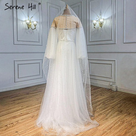 Ivory A-Line Sexy Evening Dresses Gowns 2025 Beaded Pearl Lantern Sleeve For Women Party LA71190