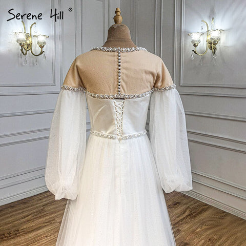 Ivory A-Line Sexy Evening Dresses Gowns 2025 Beaded Pearl Lantern Sleeve For Women Party LA71190