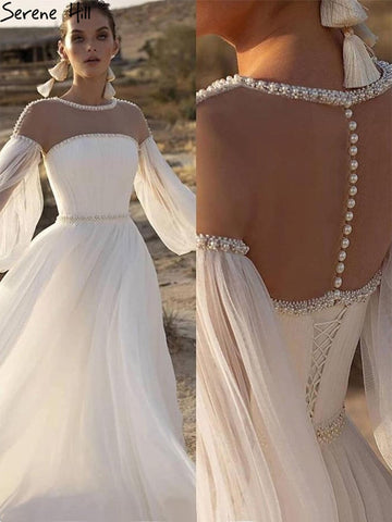 Ivory A-Line Sexy Evening Dresses Gowns 2025 Beaded Pearl Lantern Sleeve For Women Party LA71190