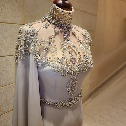 Ivory High Neck Cape Sleeve Mermaid Evening Dresses Beaded Elegant Gowns 2025 For Women Wedding Party LA72045