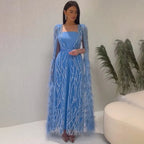 Ivory Mermaid Elegant Feathers Cape Sleeves Square Beaded Luxury Evening Dresses Gowns Caftan Marocain 2025 LA71748