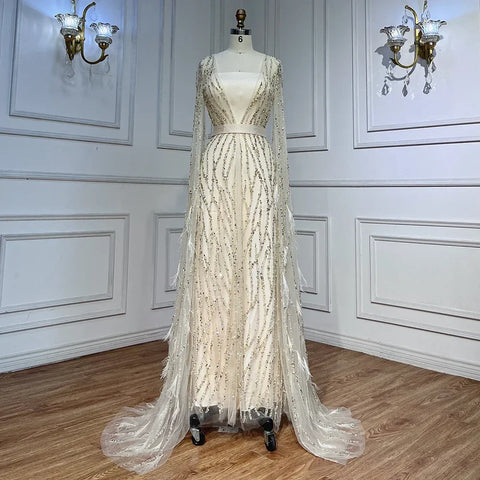 Ivory Mermaid Elegant Feathers Cape Sleeves Square Beaded Luxury Evening Dresses Gowns Caftan Marocain 2025 LA71748