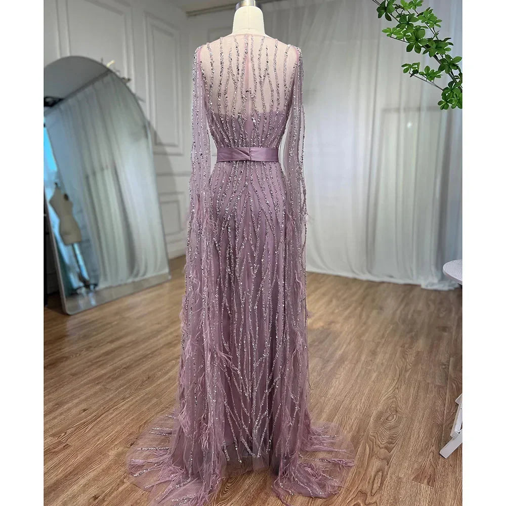 Ivory Mermaid Elegant Feathers Cape Sleeves Square Beaded Luxury Evening Dresses Gowns Caftan Marocain 2025 LA71748