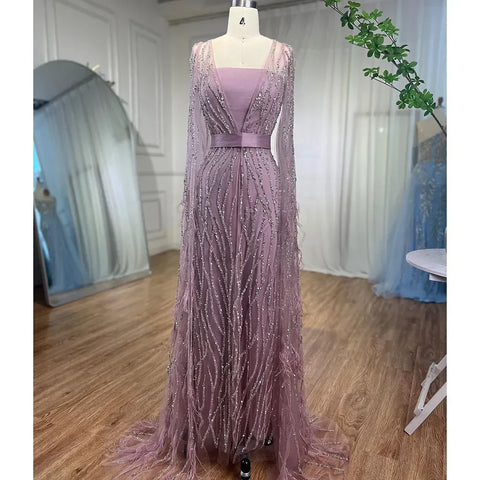 Ivory Mermaid Elegant Feathers Cape Sleeves Square Beaded Luxury Evening Dresses Gowns Caftan Marocain 2025 LA71748