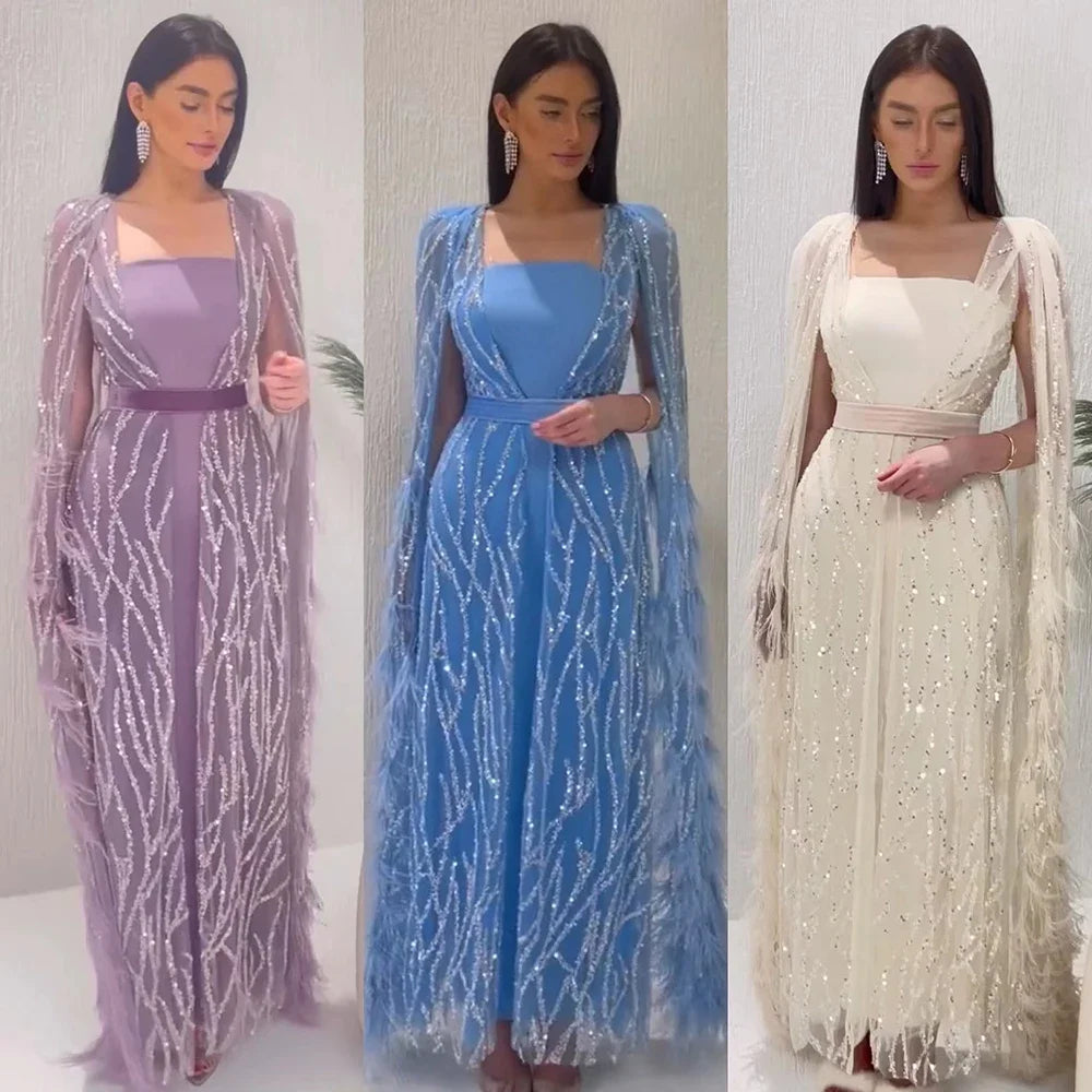 Ivory Mermaid Elegant Feathers Cape Sleeves Square Beaded Luxury Evening Dresses Gowns Caftan Marocain 2025 LA71748