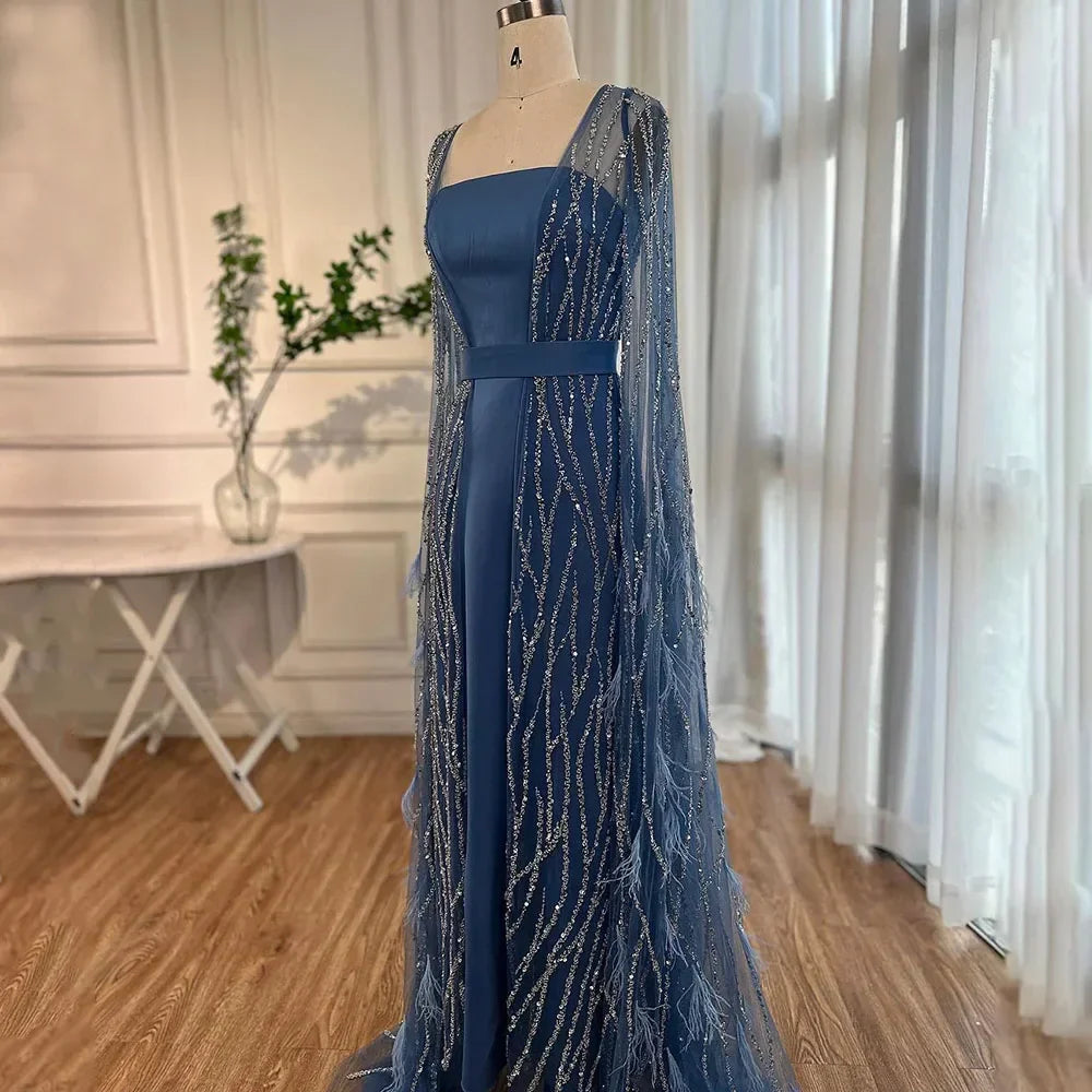 Ivory Mermaid Elegant Feathers Cape Sleeves Square Beaded Luxury Evening Dresses Gowns Caftan Marocain 2025 LA71748