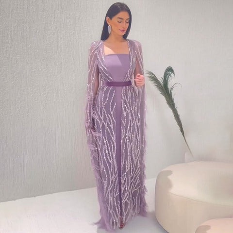 Ivory Mermaid Elegant Feathers Cape Sleeves Square Collar Beaded Luxury Evening Dresses Gowns 2025 Women LA71748