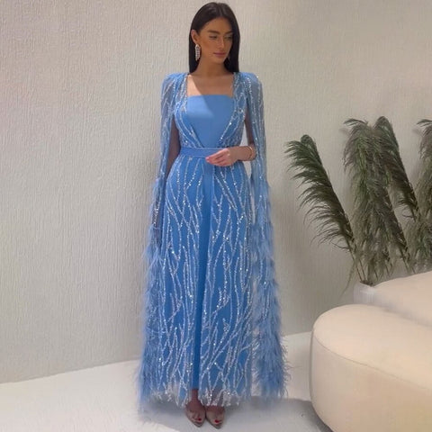 Ivory Mermaid Elegant Feathers Cape Sleeves Square Collar Beaded Luxury Evening Dresses Gowns 2025 Women LA71748