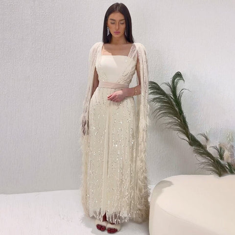 Ivory Mermaid Elegant Feathers Cape Sleeves Square Collar Beaded Luxury Evening Dresses Gowns 2025 Women LA71748