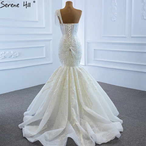 Ivory Mermaid Vintage Wedding Dresses 2025 One Shoulder Beading Lace Sexy High-end Bridal Gown HM67187