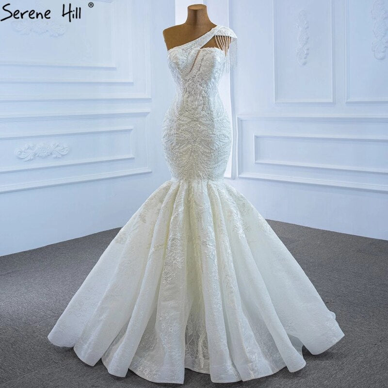 Ivory Mermaid Vintage Wedding Dresses 2025 One Shoulder Beading Lace Sexy High-end Bridal Gown HM67187