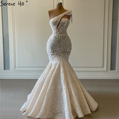Ivory Mermaid Vintage Wedding Dresses 2025 One Shoulder Beading Lace Sexy High-end Bridal Gown HM67187