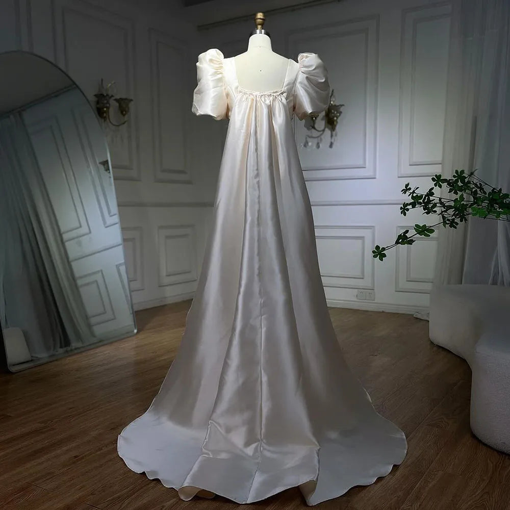Ivory Satin Mermaid Strapless Puff Sleeves Crystal Beaded Evening Dresses Gowns For Women Wedding Party 2025 LA72217
