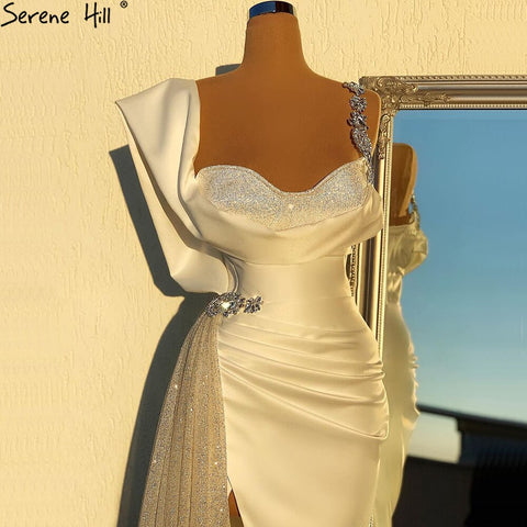 Ivory Satin Split Evening Dresses Gowns 2025 One Shoulder Beading Sexy For Women Party LA70886