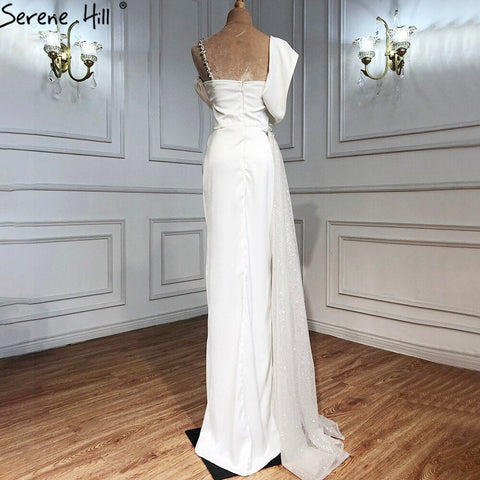 Ivory Satin Split Evening Dresses Gowns 2025 One Shoulder Beading Sexy For Women Party LA70886