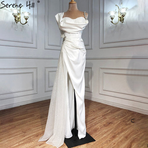 Ivory Satin Split Evening Dresses Gowns 2025 One Shoulder Beading Sexy For Women Party LA70886