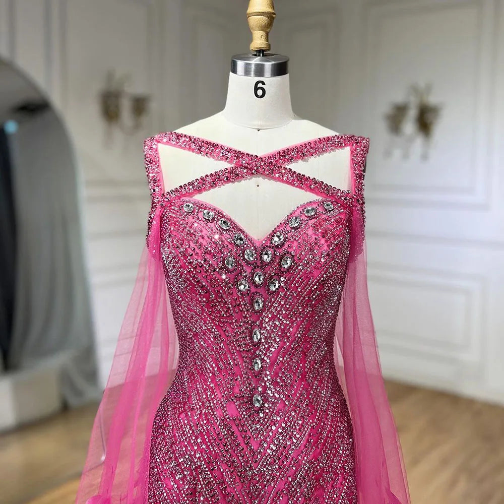 Ladies Wedding Party Elegant Fuchsia Mermaid Long Dress with Cape Sleeves Beading Feather Embellishments 2025 LA72286