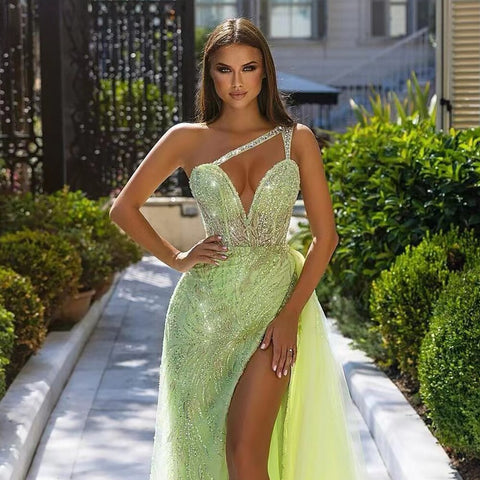 Lemen One Shoulder Spaghetti Strap Mermaid Sexy High Split Beaded Evening Dresses Gowns 2025 For Women Party LA71982