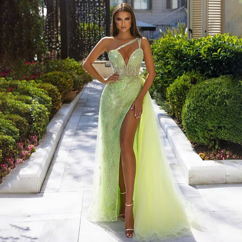 Lemen One Shoulder Spaghetti Strap Mermaid Sexy High Split Beaded Evening Dresses Gowns 2025 For Women Party LA71982