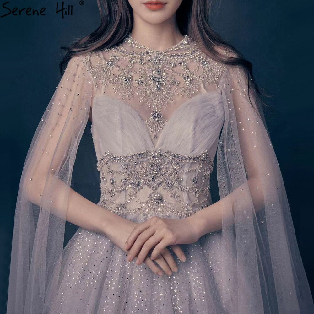 Light Grey Luxury A-Line Evening Dresses Gowns 2025 Diamond Beaded Cape Sleeves For Women Party LA70892