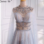 Light Grey Luxury A-Line Evening Dresses Gowns 2025 Diamond Beaded Cape Sleeves For Women Party LA70892