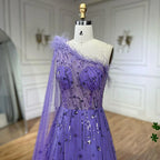Lilac A Line One Shoulder Cape Sleeves Feathers Beaded Luxury Evening Dresses Gowns for Women Wedding Party LA72503A