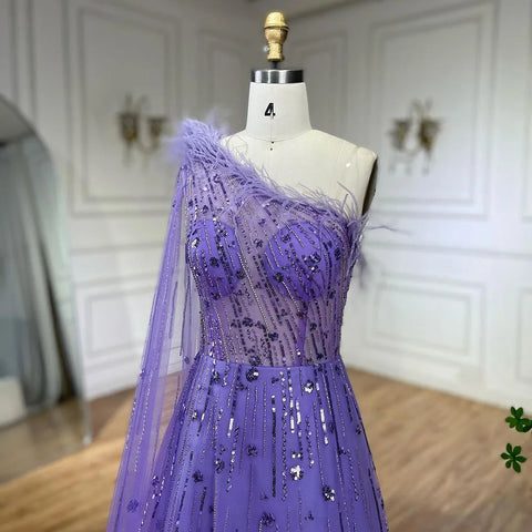 Lilac A Line One Shoulder Cape Sleeves Feathers Beaded Luxury Evening Dresses Gowns for Women Wedding Party LA72503A