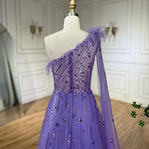 Lilac A Line One Shoulder Cape Sleeves Feathers Beaded Luxury Evening Dresses Gowns for Women Wedding Party LA72503A