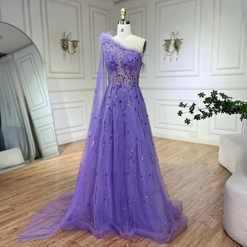 Lilac A Line One Shoulder Cape Sleeves Feathers Beaded Luxury Evening Dresses Gowns for Women Wedding Party LA72503A
