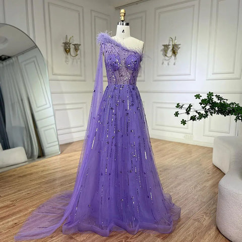 Lilac A Line One Shoulder Cape Sleeves Feathers Beaded Luxury Evening Dresses Gowns for Women Wedding Party LA72503A